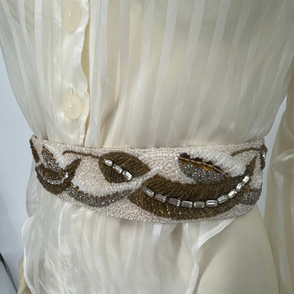 Vintage 1950s 1960s Hand Beaded‎ Belt Ivory Brown Glass Seed Beads Small